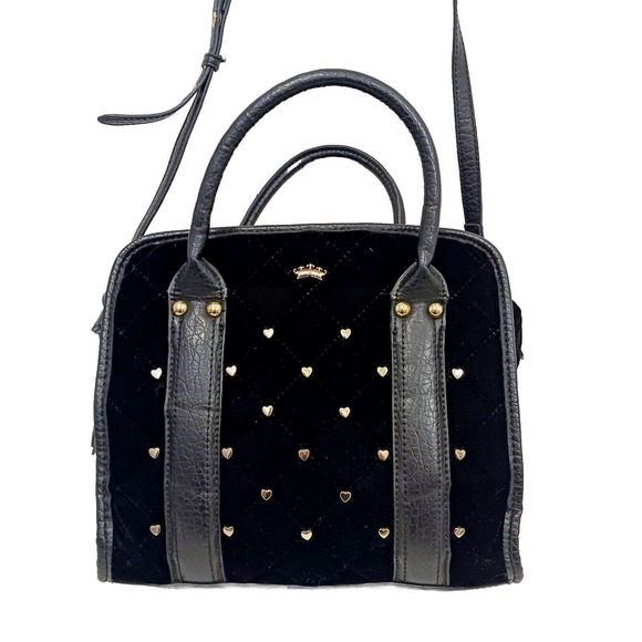 Juicy Couture Purse BLACK VELVET Quilted Leather TRIM Square Bag GOLD HEARTS - Picture 2 of 16
